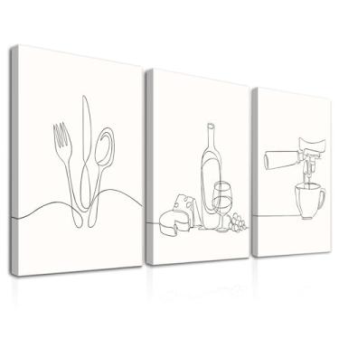 Imagem de Dazzlewall 3 peças emolduradas minimalistas decoração de parede de cozinha, linha abstrata, preto e branco, impressões de arte de parede para sala de jantar, café, bar, decoração de sala de estar