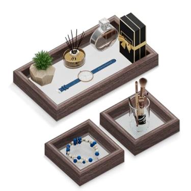 Imagem de Conjunto de 3 bandejas decorativas retangulares para bancada e penteadeira de banheiro, adequada para perfume, fragrância, joias, relógio e mesa de centro, feita de plástico de corte rômbico brilhante