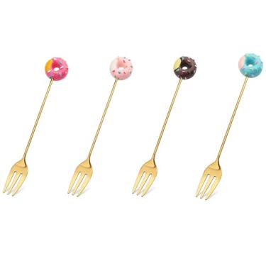 Imagem de Conjunto de 4 garfos de sobremesa de aço inoxidável – garfos reutilizáveis em forma de pirulito e donut para coquetéis, café, suco, vinho, leite, chá
