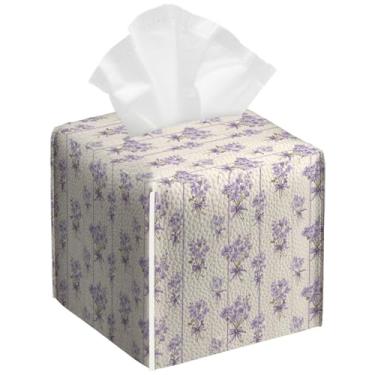 Imagem de Pacote com 2 caixas de lenços quadrados de flores de lavanda, caixa de lenços de couro PU, à prova d'água, organizador de papel facial, dispensador para banheiro, cozinha, casa, escritório, carro