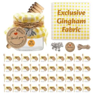 Imagem de Comfecto 50 Mini Potes De Vidro Para Mel, Hexagonais 1,5 Oz Mel Com Concha Madeira, Tampa Dourada, Pingente Abelha, Corda Juta Decorativa, Ótimo Chá Bebê, Festa Casamento, Lembrancinhas, Presentes,