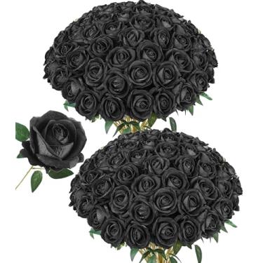 Imagem de 50 peças de flores artificiais de rosas negras, rosas falsas com caule, rosas de seda realistas para buquês de casamento, mesa de centro de mesa, arranjos de chá de bebê, aniversário, decoração de