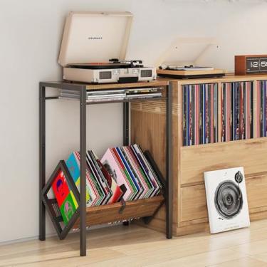 Imagem de Suporte para Toca-Discos de 2 Níveis com Armazenamento de Vinil, Mesa Com Espaço para Discos de Grande Capacidade, Armário de Exibição Multiuso para Sala de Estar, Quarto e Escritório, Cor Preta