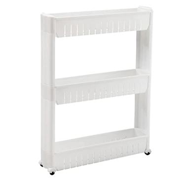 Imagem de Carrinho de armazenamento fino com rodas, organizador de estantes móveis de 3 camadas para cozinha, banheiro, lavanderia - Carrinho utilitário versátil em branco