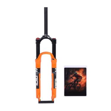 Imagem de plplaaoo Garfo de suspensão frontal para bicicleta, 73 cm, liga de magnésio, amortecedor, bloqueio, suspensão a ar, garfo dianteiro para mountain bikes, laranja