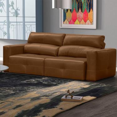 Imagem de Sofá Decorativo Monica 3 Lugares Sala de estar 252cm Reclinável e Retrátil Couro Caramelo Brilho G40 - Gran Belo