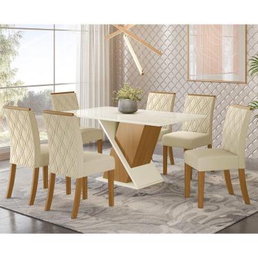 Imagem de Conjunto Jantar Tampo Mdf Canto Reto Com Vidro 160 Cm 06 Cadeiras Indy Henn Nature Off White Linho