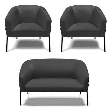 Imagem de Sofá Namoradeira E 2 Poltronas Pé De Ferro Preto Stella Corino Preto D03 - D'rossi