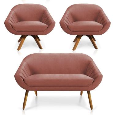 Imagem de Kit 01 Namoradeira 02 Lugares E 02 Poltronas Giratória Giovana Veludo Rosê Base Madeira