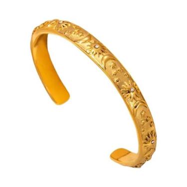 Imagem de Pulseira Aberta Em Aço Inoxidável Banhada a Ouro 18K Com Estrelas, Lua