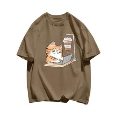 Imagem de Camisetas Femininas De Algodão Para O Verão, Com Estampa De Gatos E Ca