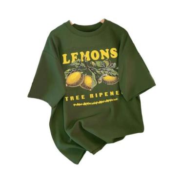 Imagem de Camiseta Feminina Solta De Algodão Com Estampa De Limão, Gola Redonda,