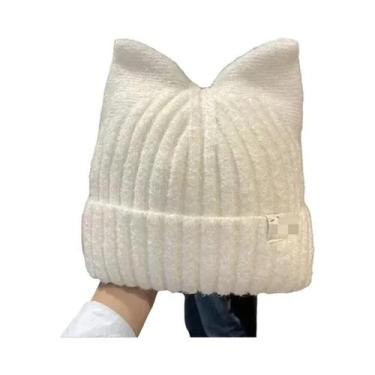 Imagem de Gorro Feminino Quente De Tricô Com Orelhas De Gato Fofas, Versátil Par