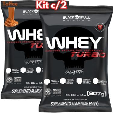 Imagem de 2x Whey Protein Concentrado Turbo Refil 907g Kit 2X Black Skull Ganho de Massa Muscular 3W-Unissex