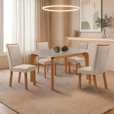 Imagem de Conjunto de Jantar Liz Lira 4 Lugares Tampo Mdf com Vidro e Cadeiras Veludo Creme 120cm...