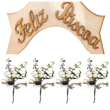 Imagem de Placa Decorativa Feliz Páscoa e 4 Hastes de Galhos com Ovos e Folhas -