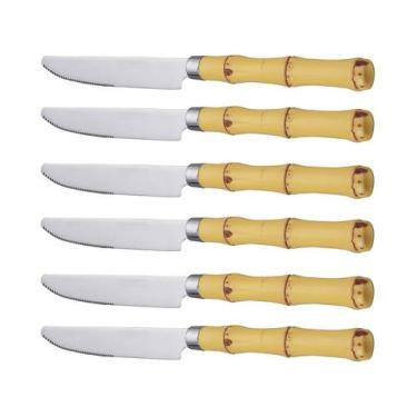 Imagem de CJ 6 FACAS P/MESA DE ACO INOX C/CABO DE PLASTICO BAMBU NATURAL 22cm - 