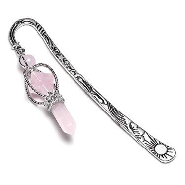 Imagem de MANIFO Marcador de página vintage de metal prateado com pingente de pedra preciosa de cristal curativo (quartzo rosa)