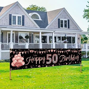 Imagem de Decoração de banner Happy 50th Birthday para mulheres, placa de aniversário de 50 anos em ouro rosa para 50 anos, decoração de pano de fundo de 50 anos com glitter para ambientes internos e externos