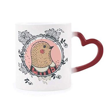 Imagem de Caneca de grés que muda de cor vermelha com estampa de desenho de folha de pombo, estampa de ilustração sensível ao calor