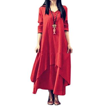Imagem de WSLCN Vestido Feminino de Algodão e Linho Irregular Manga Longa Camisa Blusa longa Longa Casual Solto Plus Size 5XL Vermelho
