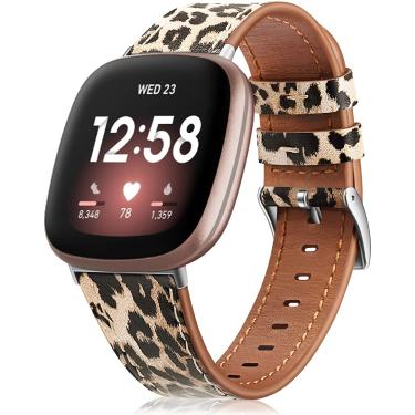 Imagem de Bandas Fintie Compatíveis com Fitbit Versa 3 / Fitbit Sense, Acessórios de substituição de banda de couro genuínos pulseira strap, leopardo clássico