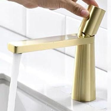 Imagem de Torneira para lavatório, pia de banheiro, manípulo único, água quente e fria, guindaste, torneira misturadora, torneira montada no convés, dourada (curta)