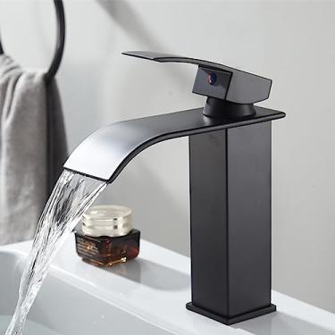 Imagem de Torneira para lavatório de banheiro em cascata Torneira misturadora de banheiro em latão sólido Torneira para pia de LED com alça única branca Torneira misturadora para banheiro montada no c