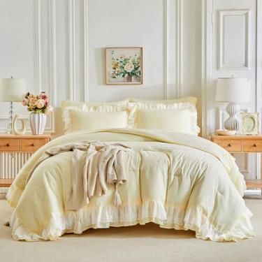 Imagem de Joyreap Jogo de cama de renda com babados em uma bolsa, amarelo, 6 peças, de microfibra, estilo princesa, vintage, boêmio, chique, para todas as estações