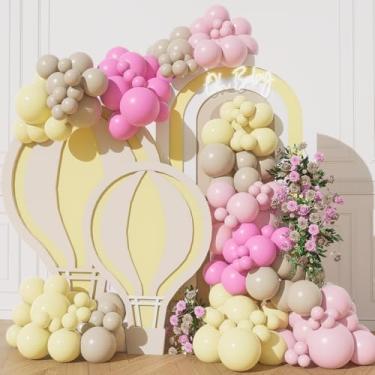 Imagem de Kit de arco de balões rosa e amarelo, 150 peças rosa claro pastel amarelo areia branco látex kit guirlanda para decoração de festa de aniversário com tema de urso de abelha de desenho animado