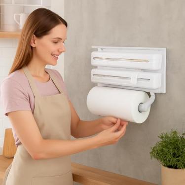 Imagem de Suporte para Papel Toalha 3 em 1 Porta Papel Aluminio Filme com Cortador pratico e moderno para organizar sua cozinha