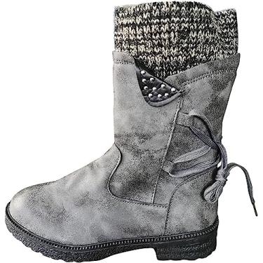Imagem de Botas femininas de cano curto com bico redondo para neve moda feminina com cadarço salto baixo botas curtas com zíper lateral botas quentes de camurça antiderrapante, Cinza, 9.5