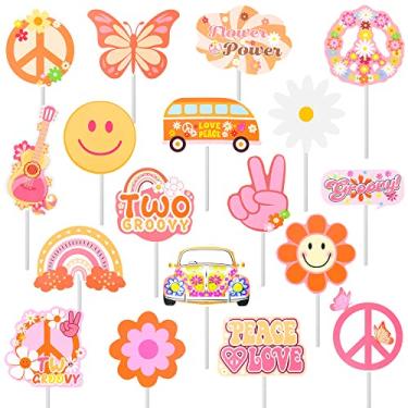 Imagem de 36 pçs dois toppers de cupcake de festa descolados dois enfeites de festa hippie descolados para festas de aniversário dos anos 60 anos 70 tema Boho Hippie Party Supplies