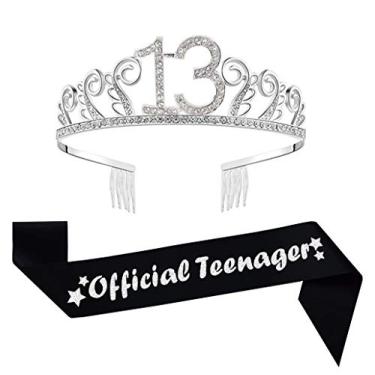 Imagem de Tiara prateada de 13º aniversário e faixa preta com purpurina, faixa de cetim e cristal, coroa de tiara de strass para feliz 13º aniversário, artigos de festa de lembranças, acessórios de festa de 13º aniversário
