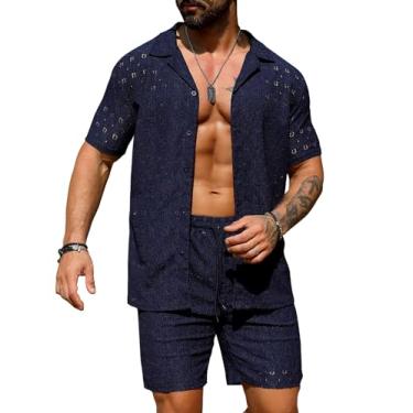 Imagem de URRU Conjunto masculino de 2 peças de verão para praia, transparente, manga curta, floral, renda, conjunto de camisetas e shorts, Azul marinho, M