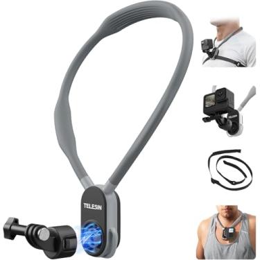 Imagem de TELESIN Suporte magnético para pescoço S2 Plus, liberação rápida com alça de fixação no peito, suporte de cordão para GoPro 13 12 11 10 9 8 Max Insta360 X5 X4 X3 GO3 Ace DJI Osmo Action 3 4 5 Pro