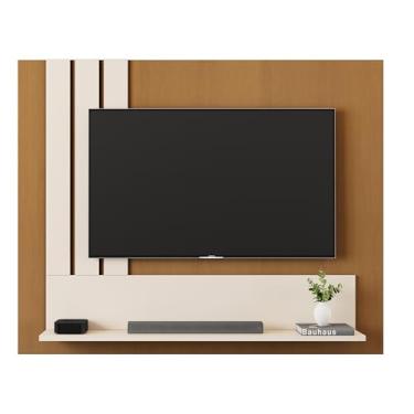 Imagem de Painel para TV até 43 Polegadas com Detalhe Ripado Nicho e Prateleira Decoração para Sala e Quarto (Nature/Pérola)