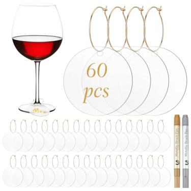 Imagem de WEBEEDY 60 peças de pingentes de copo de vinho com etiquetas de acrílico em branco, canetas marcadoras, pingentes de vinho para taças de caule, etiquetas de vidro em branco para coquetéis de champanhe