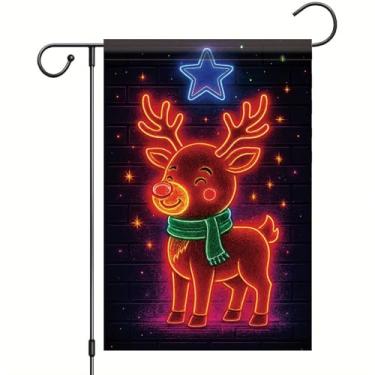 Imagem de Saoplasa Bandeira de jardim de Natal neon rena bandeira 30,5 x 45,7 cm bandeira dupla face para quintal de férias ao ar livre estrela nariz vermelho brilho parede tijolo inverno gramado varanda