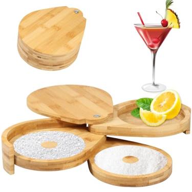 Imagem de FALESOUL Margarita Salt Rimmer Set, 3 camadas de vidro de bambu para aros de vidro, tempero de sal/açúcar/limão para Bloody Mary, acessórios de bebida de coquetel de tequila Manhattan para festa de