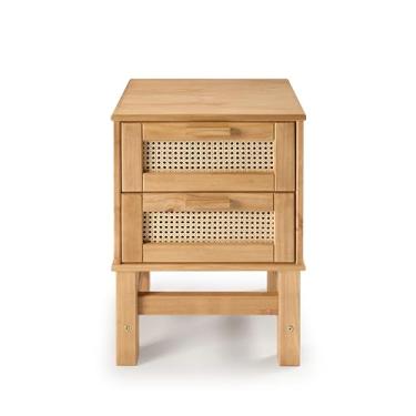 Imagem de Mesa de Cabeceira em Madeira com 2 Gavetas e Detalhes em Rattan Natural – Design Natural e Estilo Rústico