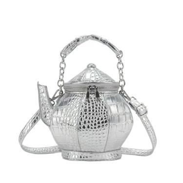 Imagem de ZiMing Bolsa feminina em forma de bule de chá, bolsa tiracolo de couro vegano com alça de corrente, bolsa elegante, Prata., One Size