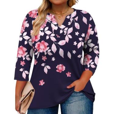 Imagem de Blusa túnica Romanstii com decote em V, manga 3/4, estampa azul marinh