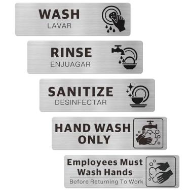 Imagem de 5PK Etiquetas bilíngües para lavagem, higienização, lavagem, lavagem à mão apenas e os funcionários devem lavar as mãos, alumínio escovado, descascar e colar à prova d'água para cozinhas comerciais