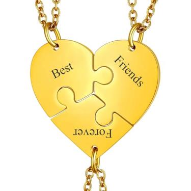 Imagem de ChainsHouse Colar de Amizade Quebra-Cabeças Colar BFF de Aço Inoxidável, 2/3/4/5/6/7/8 pçs Personalizado Combinando Pingente de Coração Colares de Amizade para Mulheres e Homens, Caixa de Presente, 3pcs, Metal, Zircônia cúbica