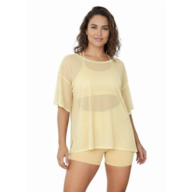 Imagem de Blusao Tule Feminina Fitness Academia Manga Curta Amarelo-Feminino