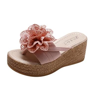 Imagem de Sandálias plataforma femininas plataforma primavera sandálias inclinadas e inferiores moda verão flores grossas e tecido (rosa, 37)