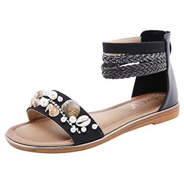 Imagem de Sandálias para mulheres meninas sapatos sandálias retrô sem salto mocassins étnicos praia com contas vento feminino (preto, 38)