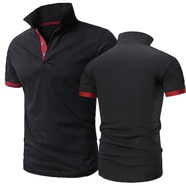 Imagem de GLLUSA Camisas polo masculinas de golfe camisetas patchwork tênis manga curta gola meia manga ciclismo jersey rúgbi academia desgaste, Preto + vermelho, P