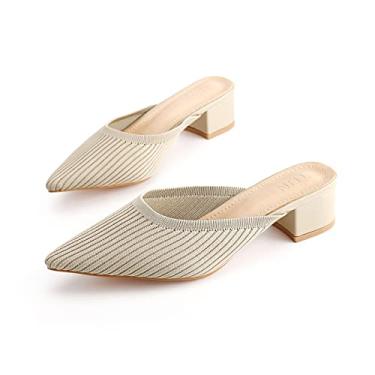Imagem de TIJN Mules de bico fino para mulheres sandálias grossas de salto baixo sandálias de malha respirável sem cadarço (Helka), Creme, 6